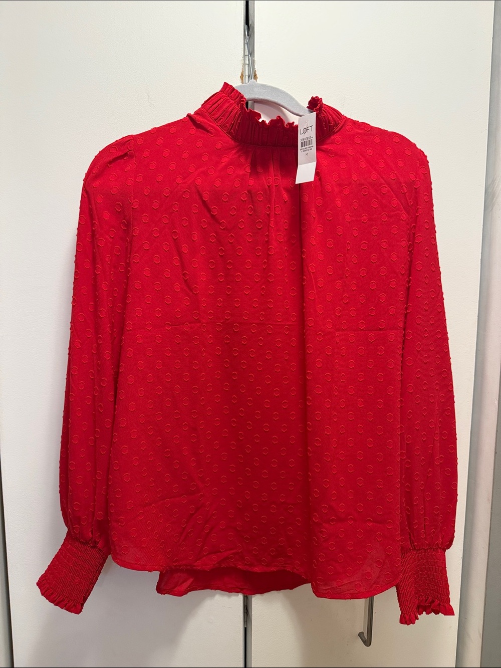 LOFT Red Ruffled Mock-Neck Swiss Dot Blouse